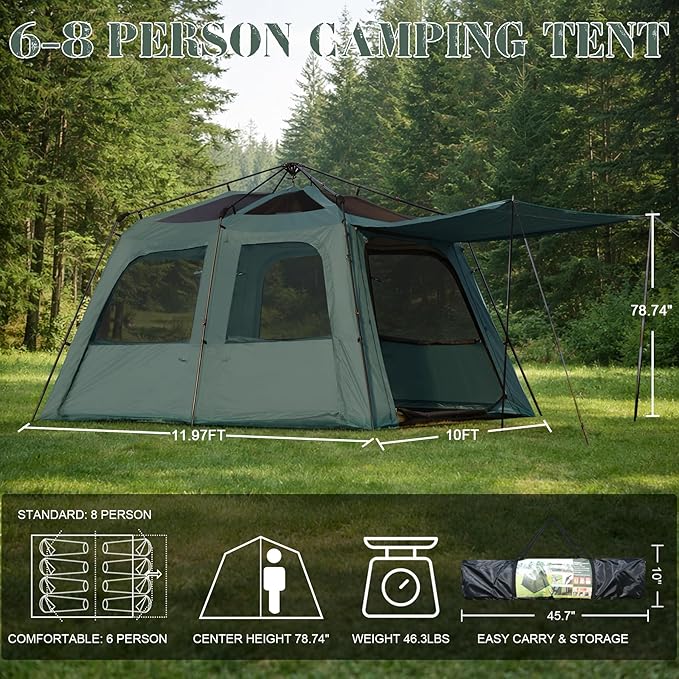Instant 6-8 Person Camping Tent with Porch Large Family Cabin Tent with 2 Rooms Tall &amp Spacious 60s Easy Setup Waterproof Glamping Tent Big Tents for Outdoor Camping Hiking Backyard