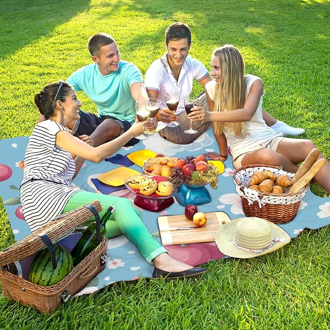 Waterproof Sandproof Beach Blanket 59''×68'' Cherry Decorations Polyester Outdoor Picnic Blanket with 4 Stakes &amp Storage Bag for BeachCampingVacation Blue