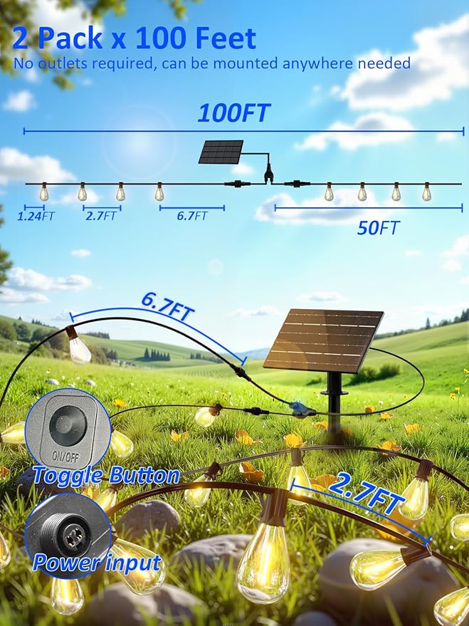 luckystyle 200FT Solar String Lights Outdoor Waterproof with 72+4 LED Bulbs Long Last for 20+Hrs Commercial Grade Shatterproof Patio Solar Powered Lights for CampingBackyard Garden Porch Decor