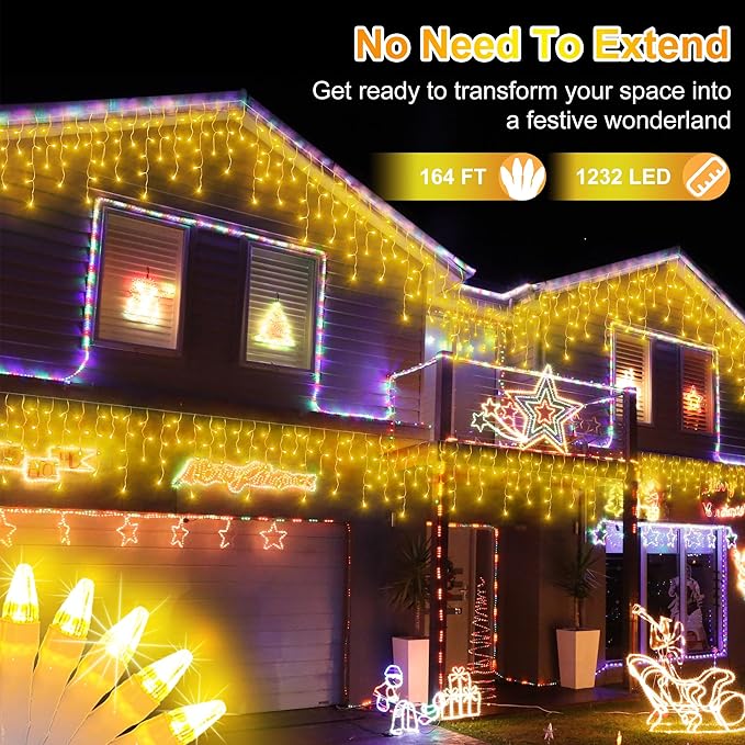 1296LED Christmas Lights with 288 Drops 131ft 8 Modes Christmas String Lights Outdoor Waterproof Christmas Decorations Fairy Lights with Timer Memory for Xmas Party Patio Window Fence Warm White