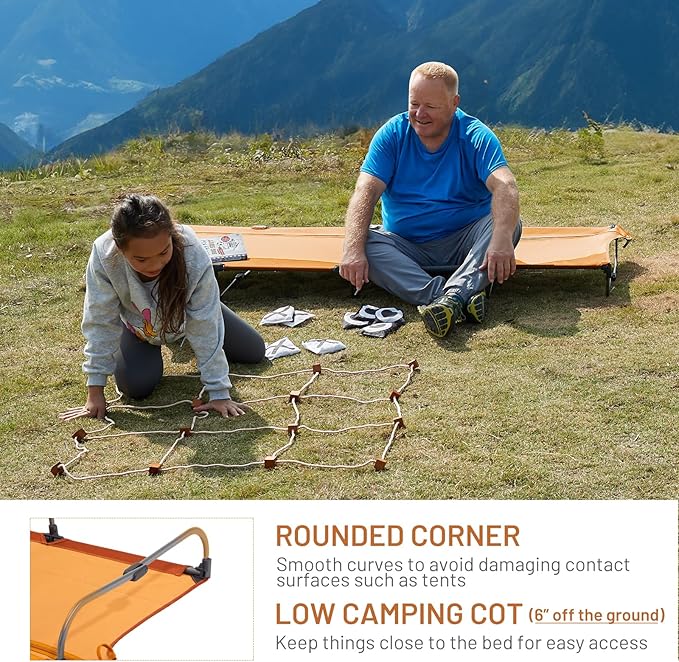 TIMBER RIDGE 20-Second Quick Set-Up Camping Cot Lightweight Aluminum Folding Cot Low Profile with Zipper Closure Portable Carry Bag for Camping Travel and Outdoors Support up to 225lbs Orange