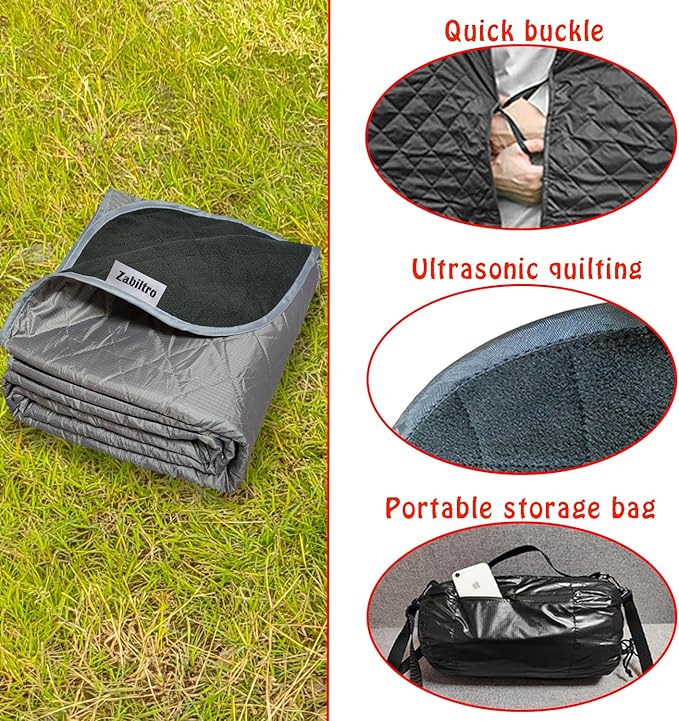 Large Outdoor Waterproof Blanket-Quilted Extra Thick Fleece Windproof Warm Includes Stuff Sack Shoulder Strap Machine Washable55x78-Grey