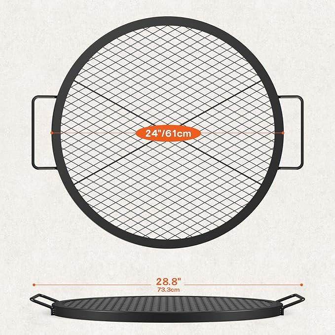onlyfire Round Fire Pit Grill Grate Heavy-Duty Steel Cooking Grate with X-Marks Design Portable Campfire Grill for Outdoor BBQ Camping Picnics - 24 Inch