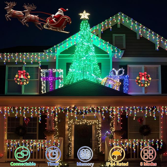 QITONG Multicolor Icicle Lights for Outside 33ft 400 LED String Lights Indoor Clear Wire Connectable Icicle Christmas Lights Plug in with 8 Modes