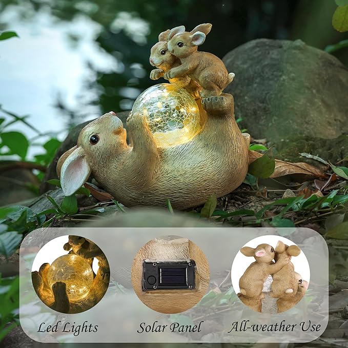 Solar Bunny Lamp Playing with Ball 10x5x9 Inch Outdoor Easter Rabbit Decor Whimsical Garden Statue for Lawn Backyard &amp Night Landscape Easter Bunny Figurine Night Light