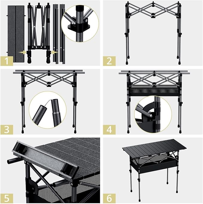 Anbte 3ft Aluminum Roll Top Camping Table Max 27.5 2 Adjustable Height Folding Camping Table Waterproof with Storage Net and Bag for BBQ Picnic Tailgating Backyard RV Travel 32.2” x 16” Pure Black