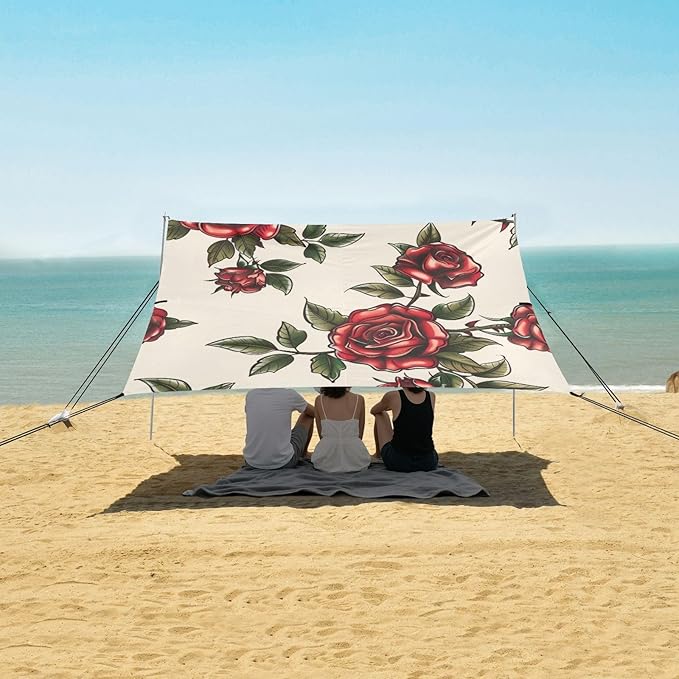 Rose Tattoo Pattern Beach Tent Sun Shelter 9.2' x 10.5' Beach Canopy with 4 Sandbags 4 Stability Poles Sand Shovels - Tent Canopy for Beach Camping Fishing Picnics