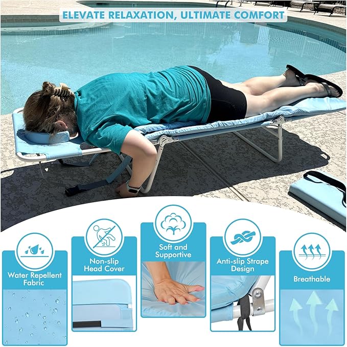 3 in 1 Women Comfort Backpack Beach Tanning Lounge Chair with Cushion Face Hole Softer Padded Adjustable Washable Layout Sun Chair for Adults Outside Reading Sunbathing Poolside 6 Position 2 Pack