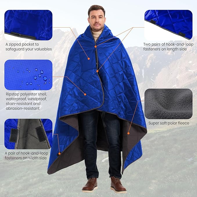 4-in-1 Large Outdoor Blanket - Waterproof &amp Windproof Thickened Warm Fleece Camping Blanket for Stadium Hiking Sporting Events - 81x57 Packable (Sapphire Blue)