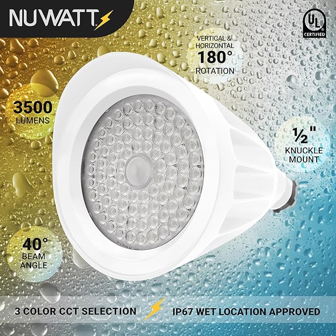 NUWATT 25W Bullet White Spot Light Outdoor LED Landscape Lights 3500 LM Bright Outdoor Lighting for Yard 30K/40K/50K Selectable 1/2 Knuckle Mount 120-277V Waterproof Flag Pole Lights