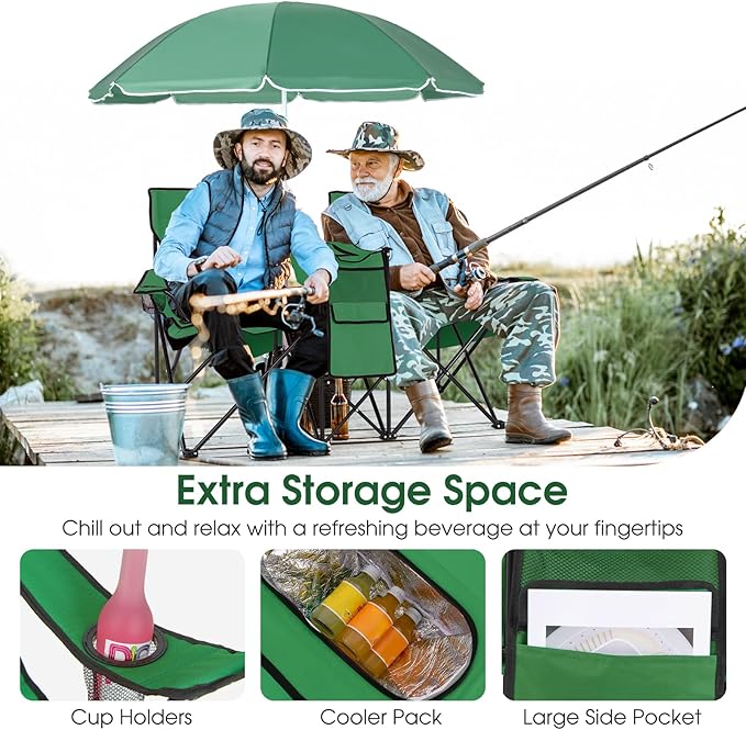 MAT EXPERT Folding Double Camp Chair w/Removable Umbrella Portable Picnic Chair w/Mini Table Chair Set w/Beverage Holder Portable Loveseat Camp Chairs for Beach Backyard Poolside (Green)
