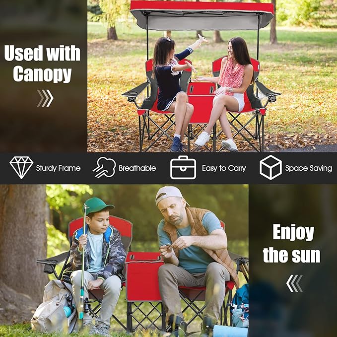 GYMAX Double Camping Chair Beach Chair with Canopy Shade Adjustable UV Protection Cooler Cup Holder &amp Carry Bag Folding Portable Lawn Soccer Camp Chair with Umbrella for Adults (Red 2 Person