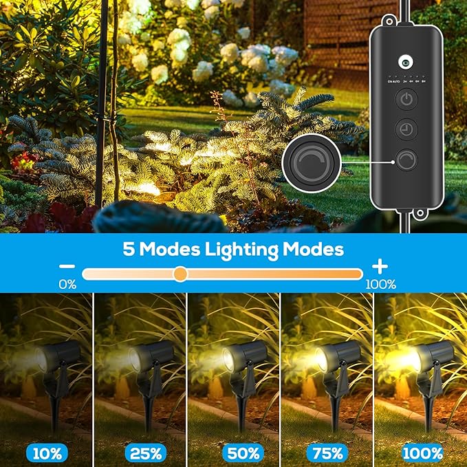 ZYAN Landscape Spotlights with Sensor 5 Lighting Modes for Brightness Adjustment Dimmable Timer Auto On Off Low Voltage Outdoor IP65 Waterproof for Patio Yard Garden Pathway Warm White (4 Pack)