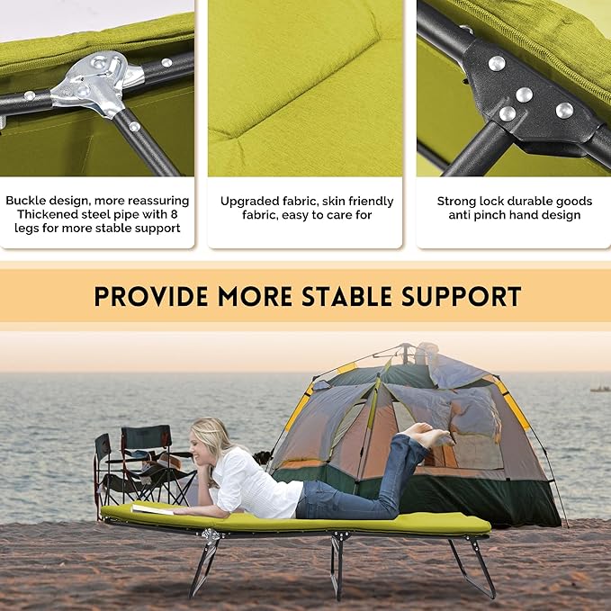 Camping Cot Outdoor Folding Cot Bed with Pad and Pillow for Adults Heavy Duty Sleeping Cot Portable Camp Cots for Camping Tent Travel Office 1200 D Layer Oxford Travel Camp Cots (Green)