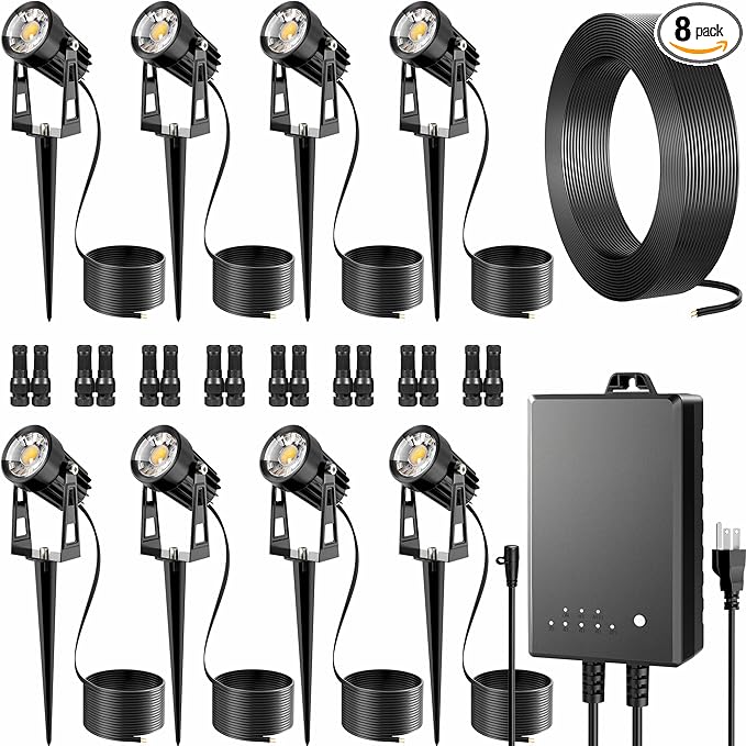 All-in-One Outdoor Low Voltage Landscape Lighting Kit 8 Pack 3000K Landscape Spot Lights with 60W Transformer 65FT Wire Waterproof Low Voltage Landscape Lights for Yard Garden Tree Pathway House