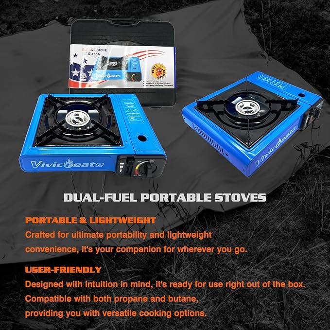 Vivicreate 7000 BTU Portable Butane Gas Stove for Camping Cooking Outdoor Lightweight Portable Stove Burner with Auto Ignition Estufa de Gas Portátil para Camping al Aire Libre（Blue）