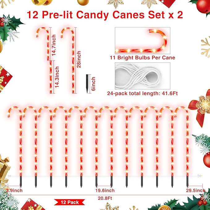 COOWUFAN 28 Christmas Candy Cane Pathway Markers Lights Set of 24 Pack Christmas Outdoor Decorations Waterproof Candy Cane Decor for Indoor Outside Yard Garden Patio Lawn