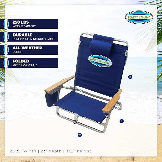 Tommy Bahama 5-Position Classic Lay Flat Folding Backpack Beach Chair Polyester Navy
