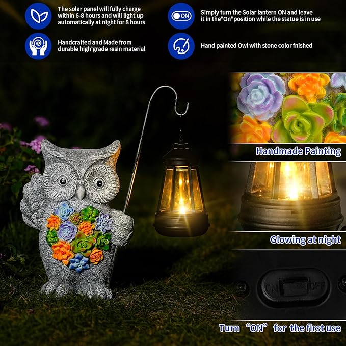 Solar Owl Garden Statue with Succulent Decor &amp Hanging Lantern – Outdoor Resin Decor for Patio Yard Balcony – Unique Gift for Women Gardeners