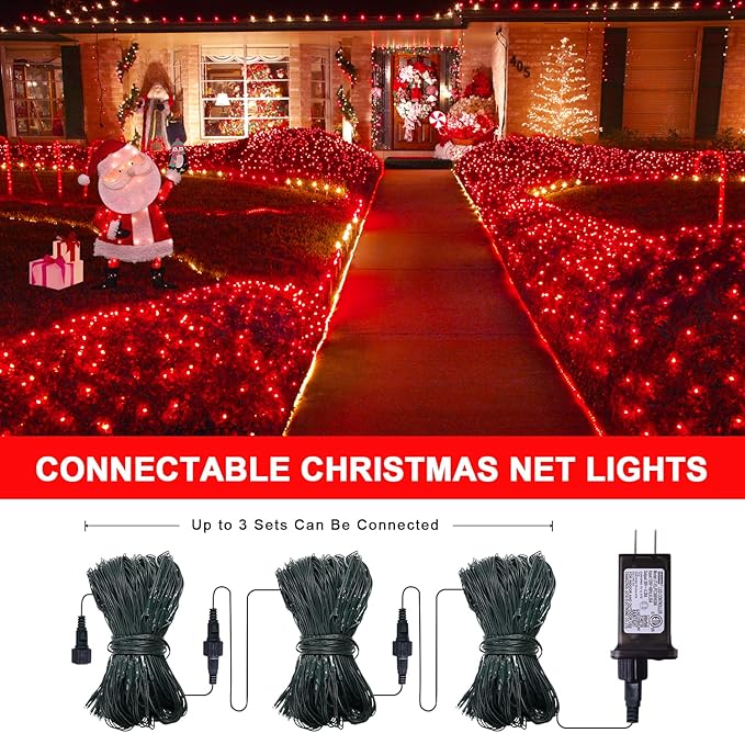 JMEXSUSS 360 LED Red Net Lights Outdoor Connectable 12ft x 5ft Christmas Net Lights Plug in with Remote 8 Modes Waterproof Red Mesh Light for Bushes Christmas Halloween Decorations