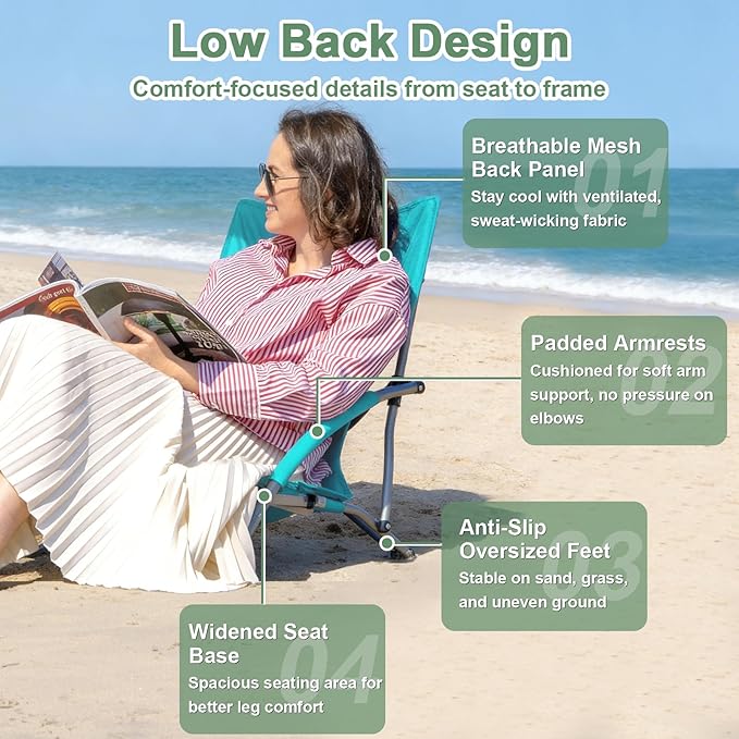 Romswi Low Beach Chairs for Adults 2 Pack Lightweight Folding Sand Chairs with Breathable Mesh Back &amp Cup Holder Portable Compact Camping Chairs 400lbs CapacityGreen