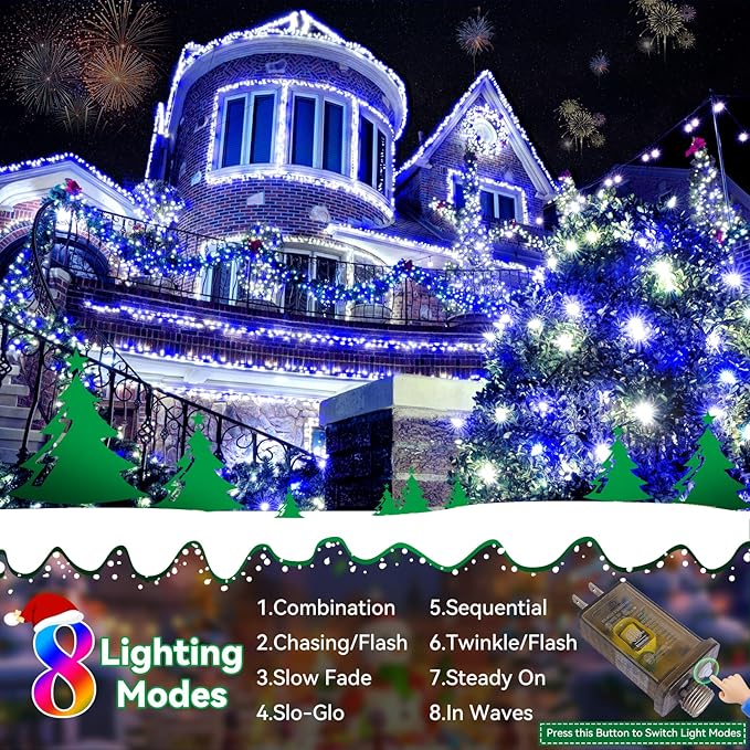 Heceltt Christmas Lights Outdoor 522FT 1300 LED String Lights with 8 Lighting Modes Timer Memory Twinkle Fairy Lights Waterproof Plug in for Xmas Tree Wedding Party Holiday Decor(Blue and White)