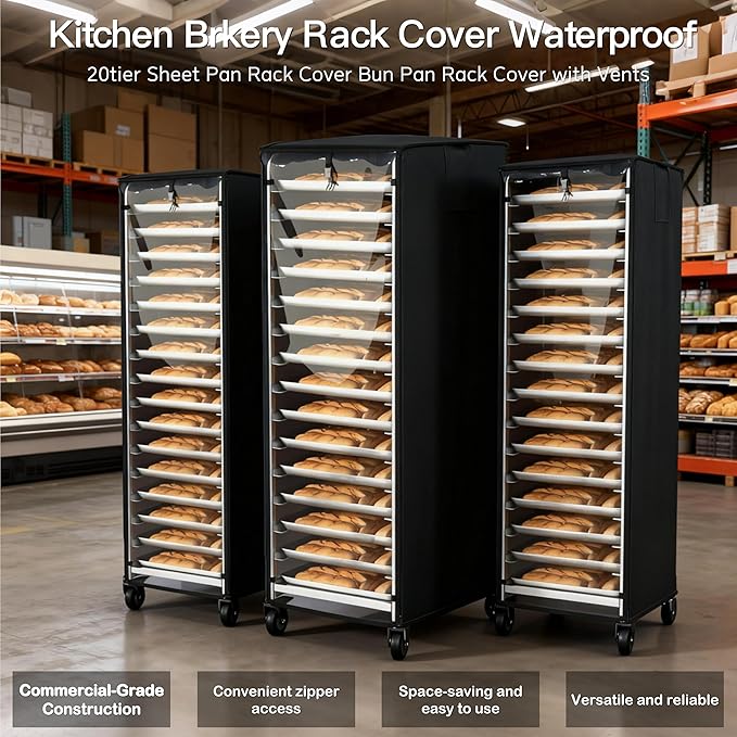 Quick-Release Cover with Zipper Commercial Bread Rack Cover 20-Tier Baking Pan Rack Cover Ventilated Bread Pan Rack Cover 23“ x 28” x 64 Kitchen Bread Rack Cover Waterproof (Black)
