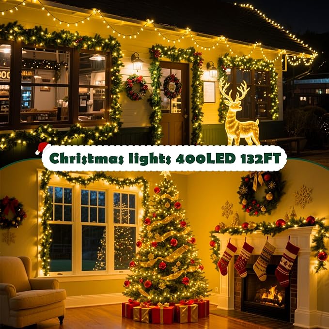 Christmas Lights Indoor Outdoor Waterproof 132FT 400 LED 8 Modes Warm Light String Lights for House Decorations Ideal for Christmas Trees Wedding and Party