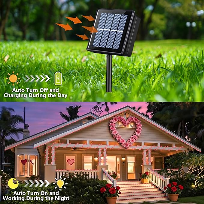 YEGUO Solar Valentines Light Outdoor Waterproof 66ft 200 LED Red Rope Lights 8 Modes Tube Christmas String Lights in Clear Thin Tube