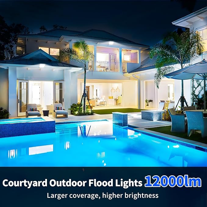 100W LED Outdoor Flood Lights with Plug 12000lm Bright Work Light with 5ft Cord 5000K Daylight White Exterior Floodlight IP66 Waterproof Security Light Yard Lights for Garage Stadium 2 Pack