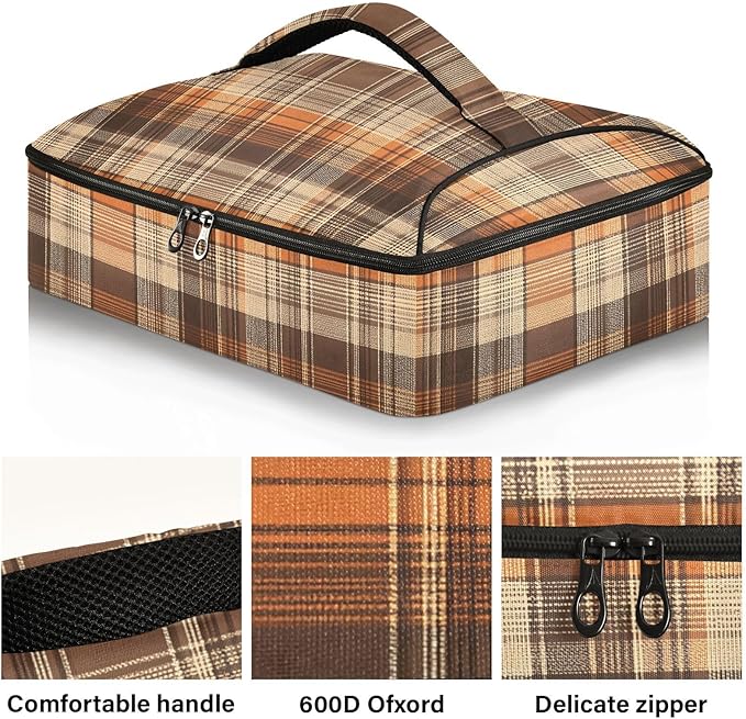 Casserole Carrier Brown Orange Tartan Pattern Insulated Casserole Carrier for Hot or Cold Food Thermal Lunch Tote for Parties Picnic Travel Carry Bag