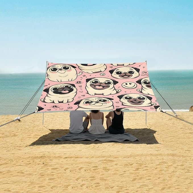 Happy Pug Dog Pink Camping Sun Shelter Beach Tent Portable Beach Sun Shade Outdoor Canopy for Camping Trips Fishing Picnic