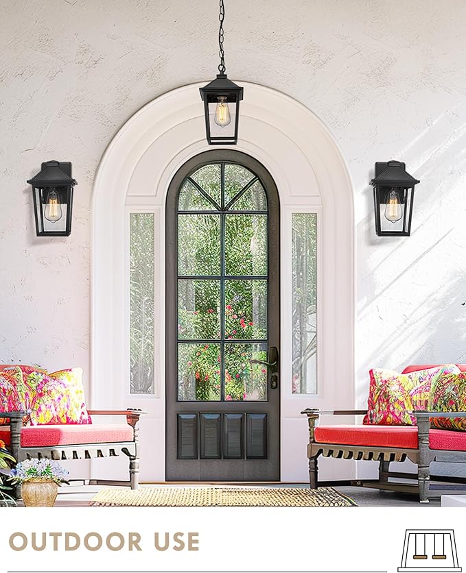 Outdoor Pendant Lights for Porch HWH Exterior Hanging Lantern Farmhouse Outdoor Pendant Light for Gazebo Seeded Glass Shade Matte Black 5HX64HM BK (Large)