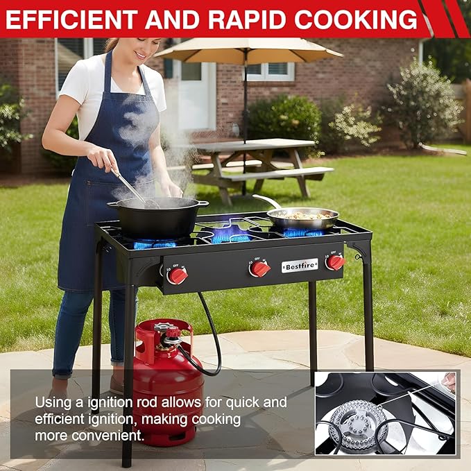 Bestfire 3 Burners Camping Stove for Cooking Outdoor 225000 BTU Propane Burners with Ignition wire&ampRemovable Legs Temperature Control Knobs and 20 PSIG High Pressure Regulator for BBQ