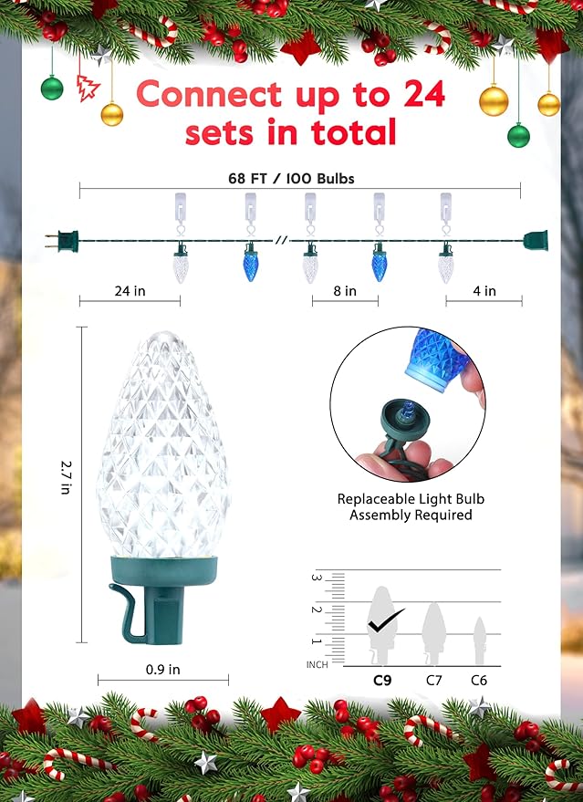 C9 LED Christmas Lights Outdoor 68 Ft 100 LED String with clips Waterproof Christmas Tree Lights for Outside Roofline Garden Decor Blue &amp White