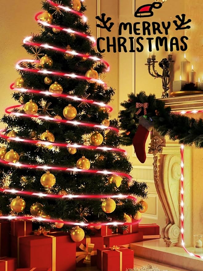 QITONG Solar Christmas Lights 2 Pack Each 33ft 100 LED Red &amp White Candy Cane Rope Light Outdoor Waterproof 8 Modes Fairy Lights in Clear Thin Tube