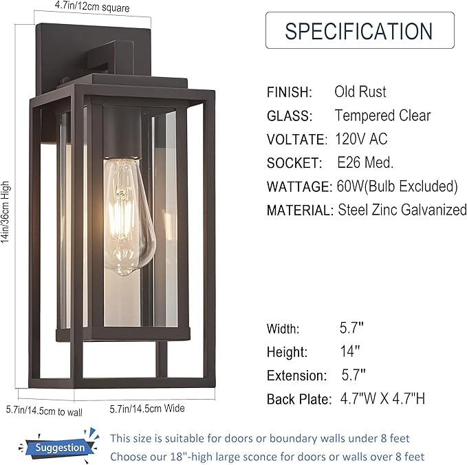 14 Outdoor Wall Light Fixtures Waterproofed Exterior Lantern W/Sturdy Rectangular Double Cage In Old Rust&ampClear Tempered GlassSconce Mounted For House PatioFront doorPorchYard Lighting 2Pack