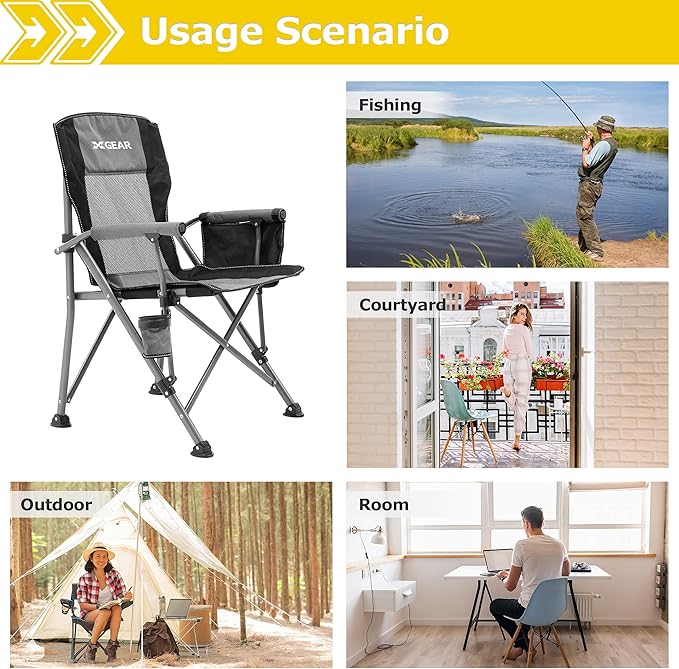 XGEAR Camping Chair with Padded Hard Armrest Sturdy Folding Camp Chair with Cup Holder Storage Pockets Carry Bag Included Support to 400 lbs