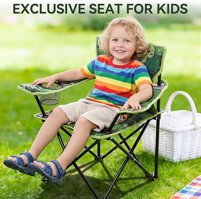 Padded Kids Camping Chair Folding Toddler Chair with Cup Holder &amp Safety Lock Portable Kids Beach Chair Ages 3-6 for Outdoor Camping Foldable Kids Chair Support 120lbsGreen Dinosaur
