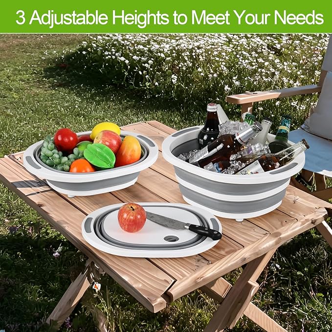 8 L Collapsible Wash Basin/Cutting Board Foldable BBQ Prep Tub Portable Sink Dish Basin with Drain