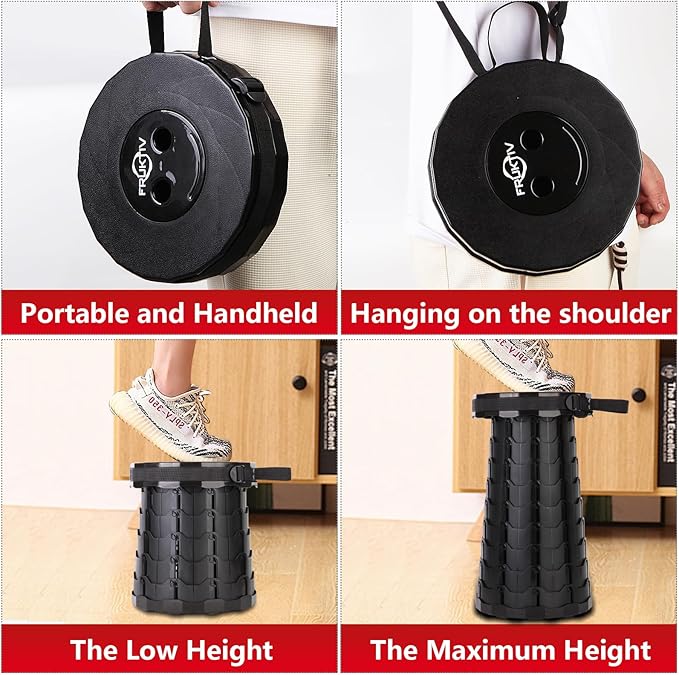 Telescopic Stool Portable &amp Collapsible Sturdy Foldable with Cushion &amp Carry Bag 550lbs Load Capacity Indoor &amp Outdoor Retractable Camping Stool (Black)