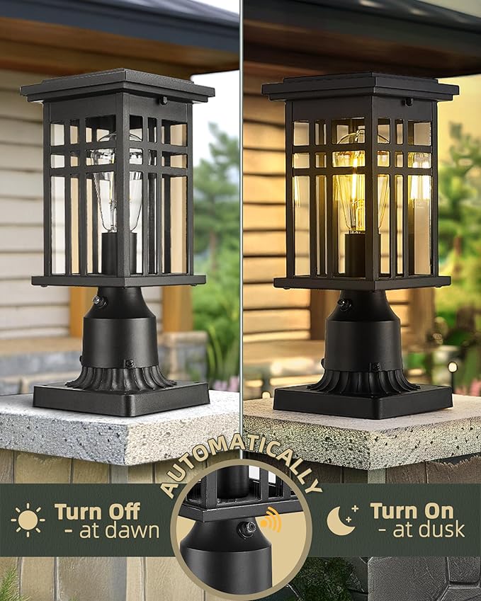 HWH INVESTMENT Outdoor Post Lantern Dusk to Dawn Patio Pole Lamp Post for Yard Garden Waterproof Exterior Lamp Post Lantern with Photocell Sensor Clear Glass 5HD36P PC BK