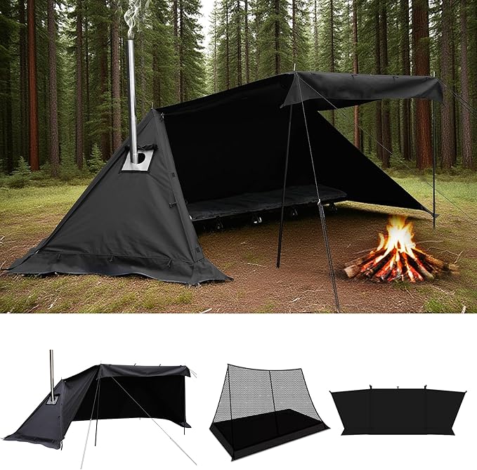 Hot Tent for 1-2 Person PU3000mm Waterproof Aluminum Poles for Winter Camping with Stove Jack (Fire-Resistant) Ventilation Mesh &amp Windproof Enclosure Multi-Use for Cooking Relaxing &amp Over