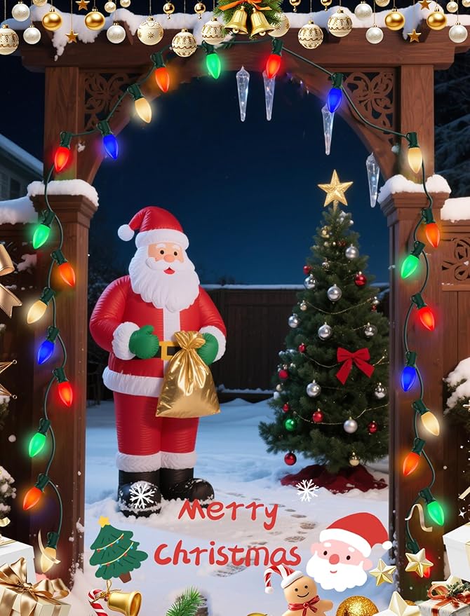 C9 LED Multicolor Christmas Lights 50FT Outdoor String Lights with 54 Ceramic Bulbs (4 Spare) Waterproof Retro Christmas Lights Decor for Xmas Tree Roof Porch Backyard Indoor Outdoor Party