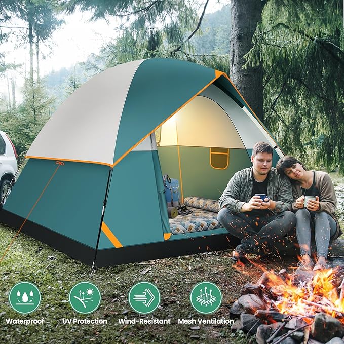 COBIZI Camping Tent 4 Person Easy Setup Waterproof Windproof Backpacking Tent with Removable Rainfly Lightweight Portable Outdoor Family Tents for Camping Travel Fishing Hiking Scouts (Green)