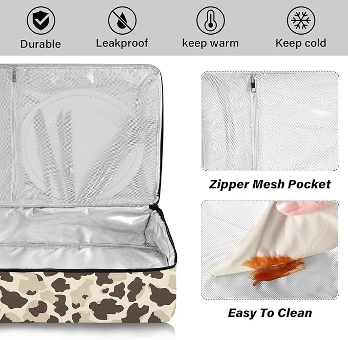Casserole Carrier Cow Spots in Brown and BeigeInsulated Casserole Carrier for Hot or Cold Food Thermal Lunch Tote for Potluck Parties Picnic Beach Fits 9 x 13 Inches Baking Dish