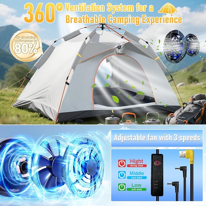 Instant Pop Up Tent for Camping - 2-3 Person Waterproof Tent with Air Circulation Fan UPF 50+ Sun Protection 60-Second Setup for Family and Backpacking