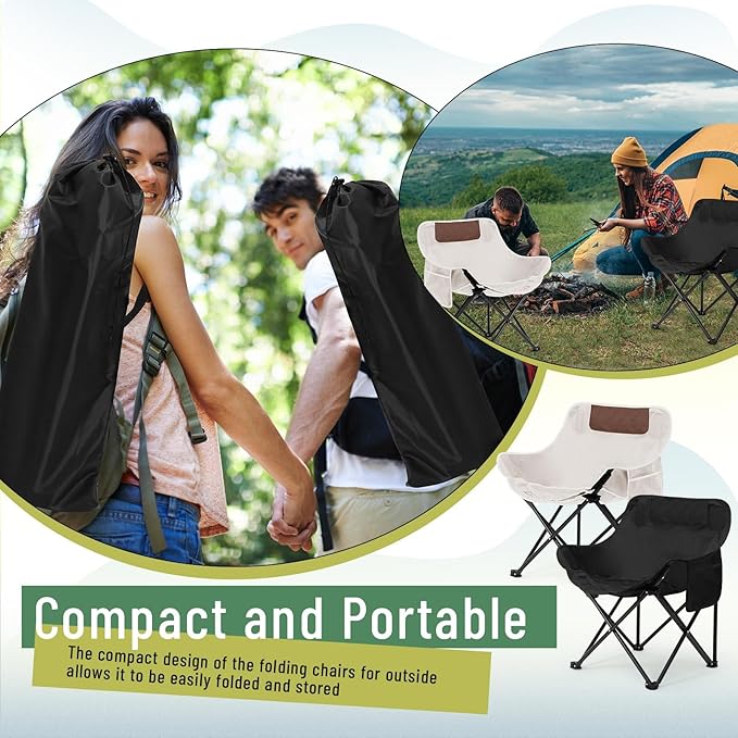 2 Pack Compact Camping Chairs Portable Folding for Outside with Carry Bag Lightweight Moon Chairs for Travel Picnic Hiking Beach Fishing 600D Oxford Supports 330lbs(White Black)