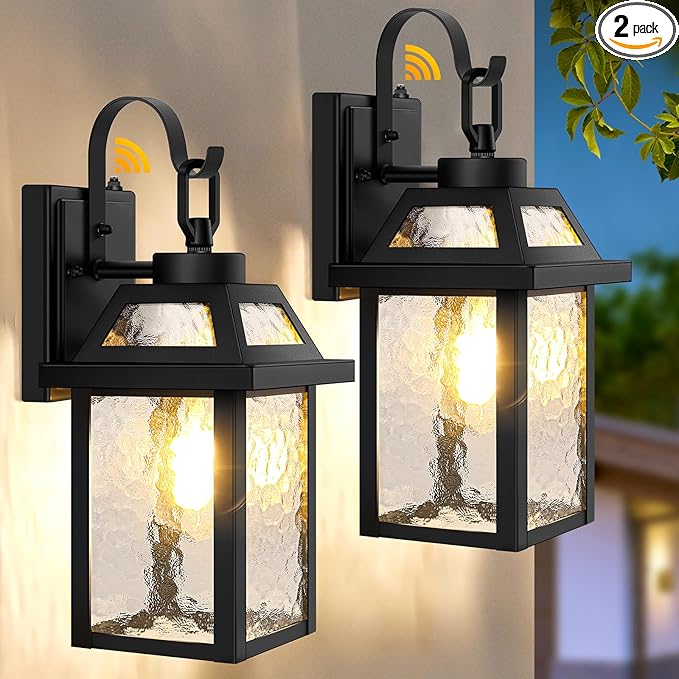 BesLowe Dusk to Dawn Outdoor Wall Lights Exterior Lighting Fixtures Wall Mount Porch Lights Outdoor Wall Sconces with Water Ripple Glass Outside Lights for House Front Door Garage 2-Pack