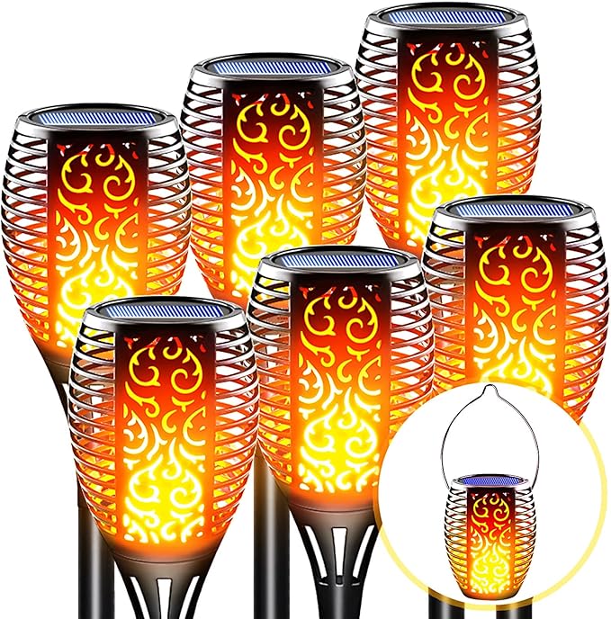 Large Solar Torch Lights Outdoor Flickering Flame Upgraded 3-in-1 Detachable Hanging Lanterns - IP65 Waterproof Auto On/Off Tiki Torches for Garden Pathway Ground Decor (6 Pack)